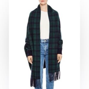 Sandro Noémie Fringed Tartan Cardigan Plaid Wrap Cape